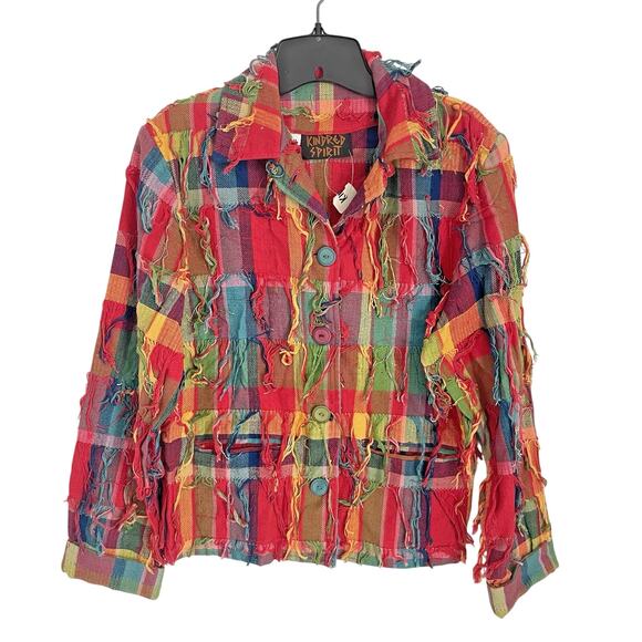 Vtg Rainbow Plaid Fringe Jacket M | Kindred Spirit | Festival Boho Grunge Indie - Picture 1 of 9
